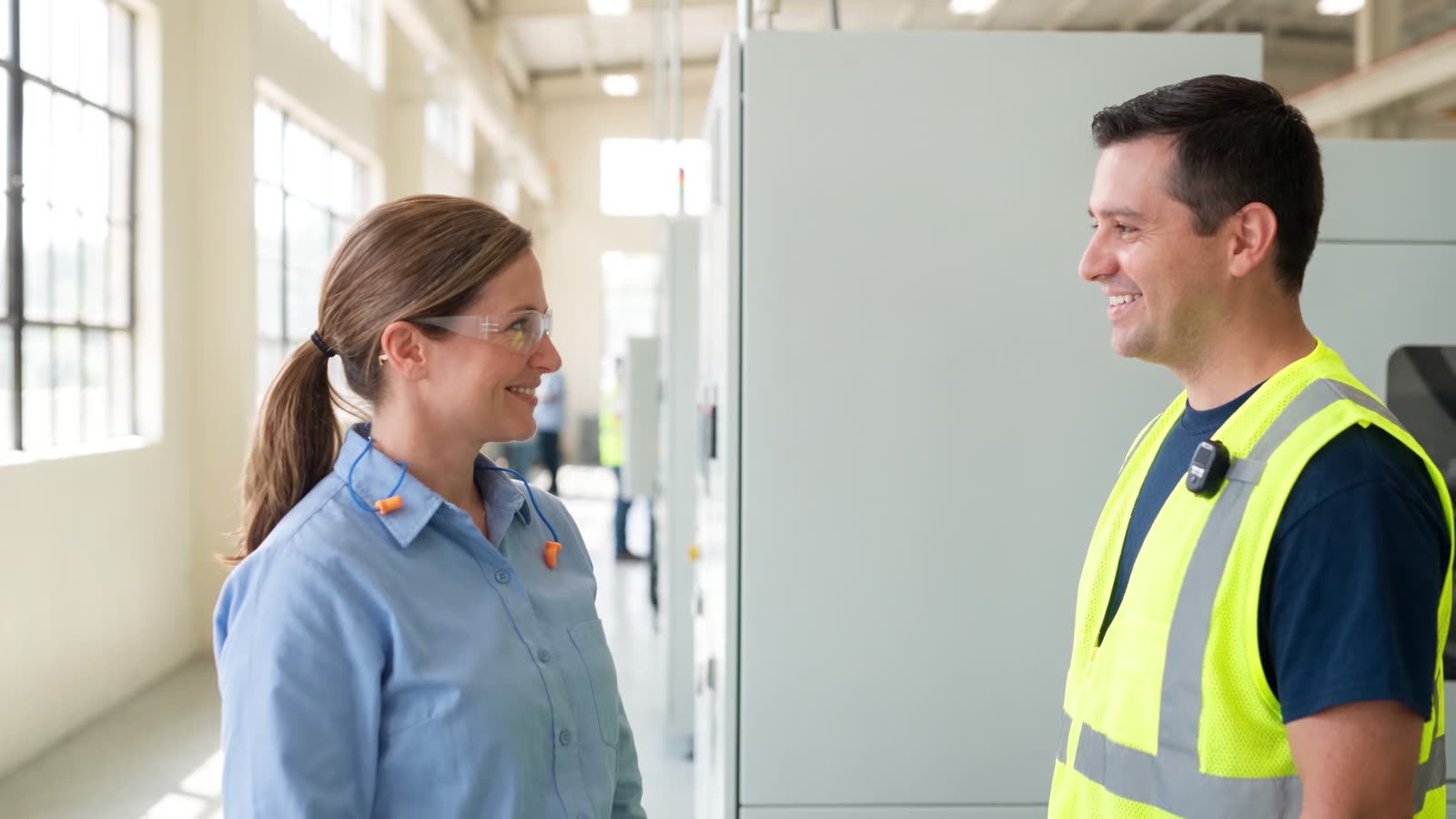 Specialist talking with a plant worker