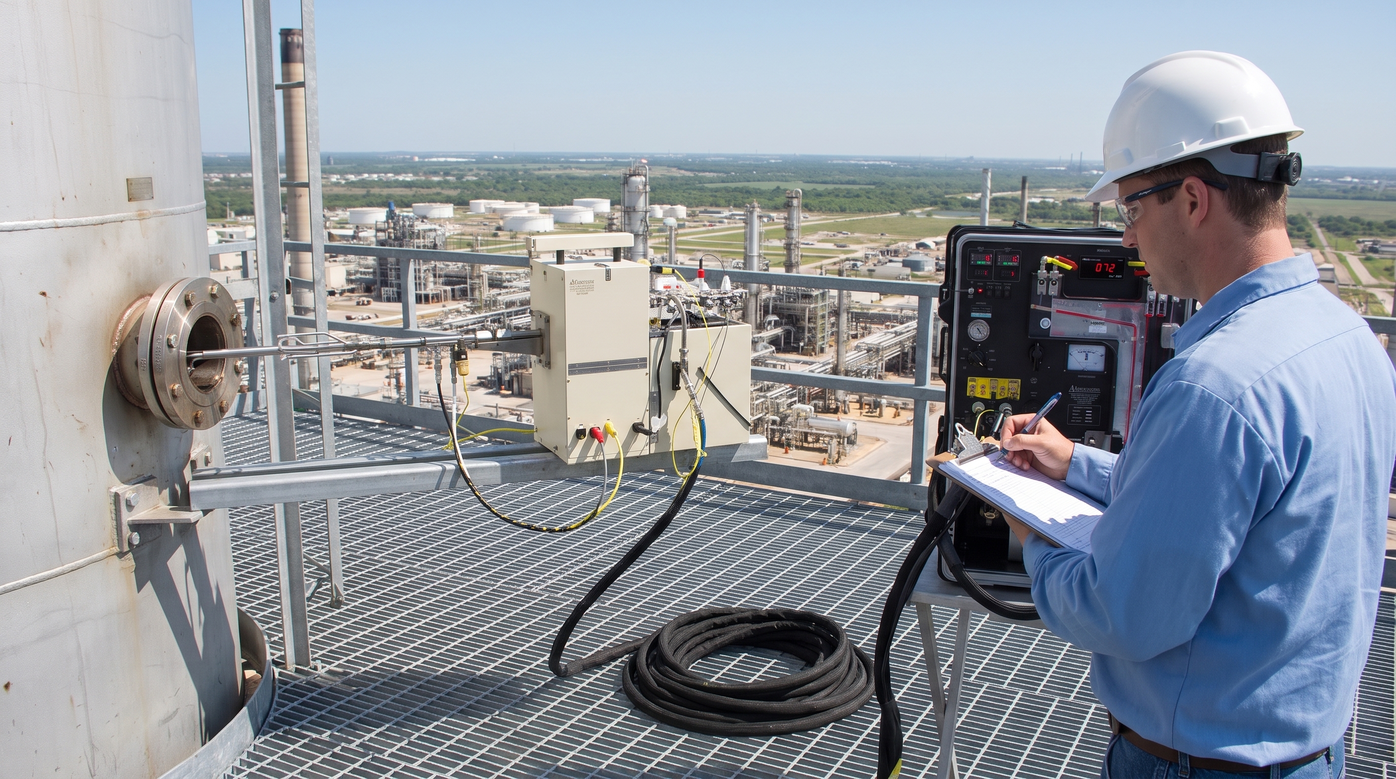 Consultant running an isokinetic stack test with an Apex console above a refinery