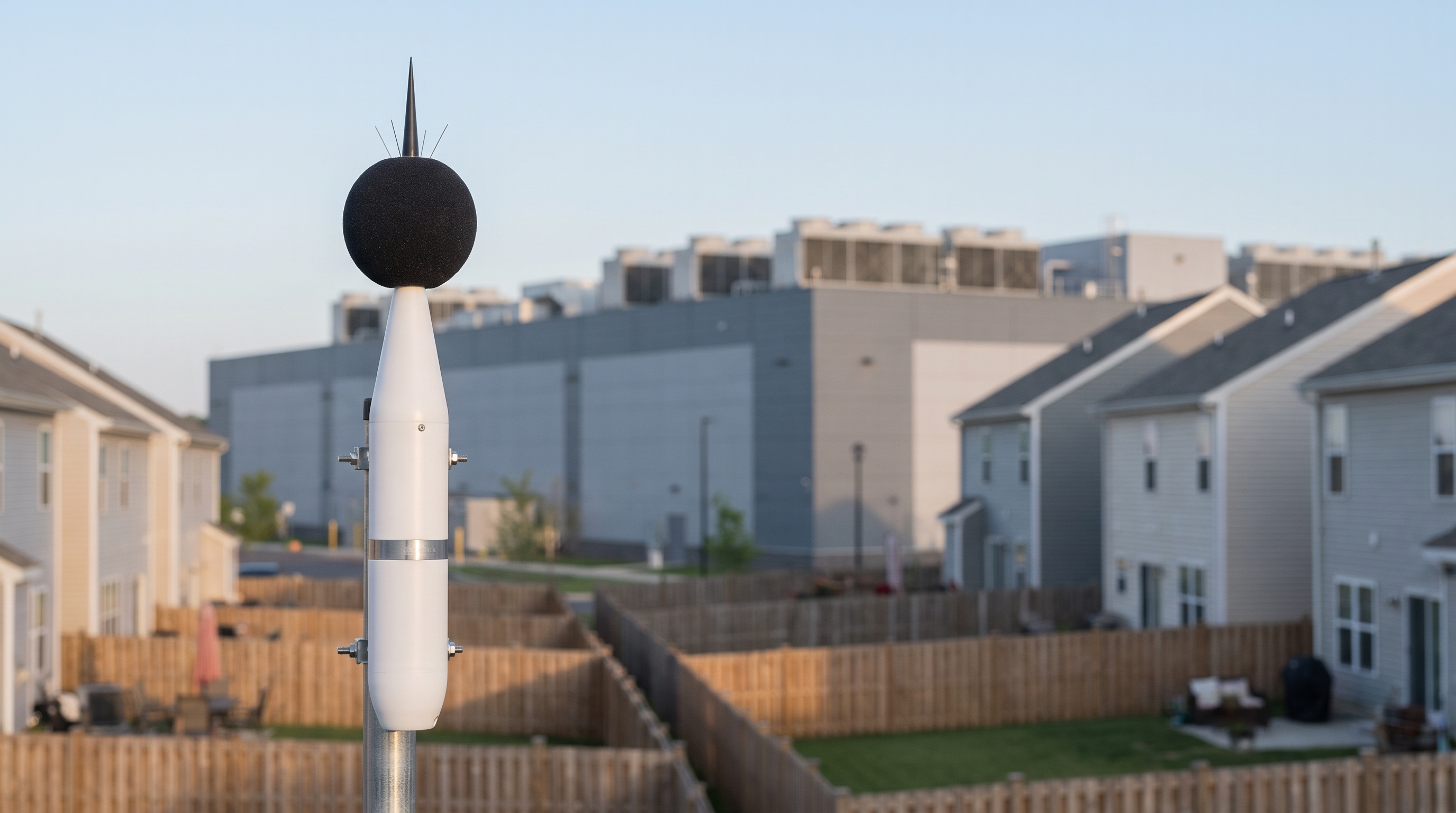 Noise monitor at the property line between a data center and homes