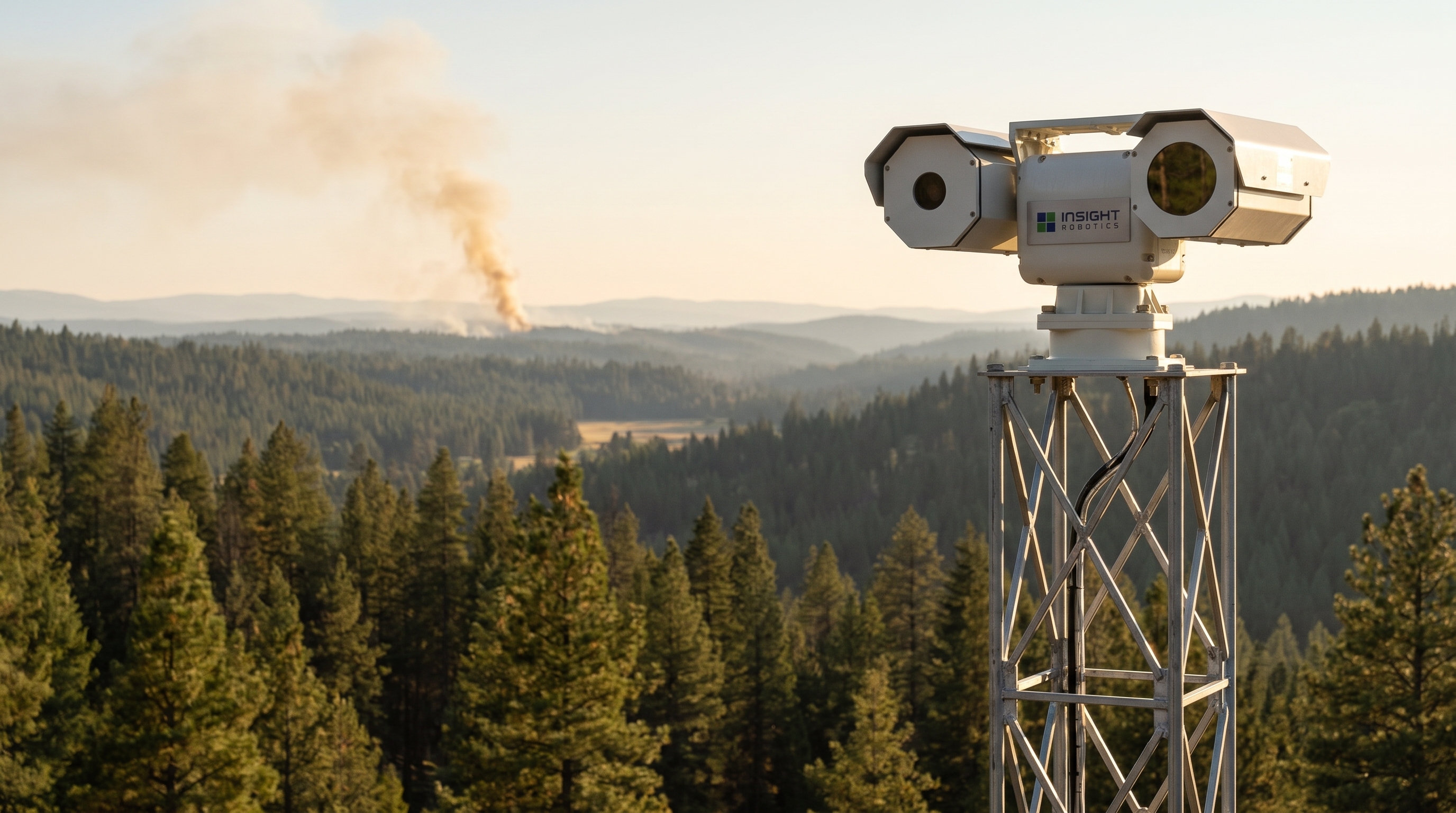 Wildfire detection camera on a tower above a forest, smoke in the distance