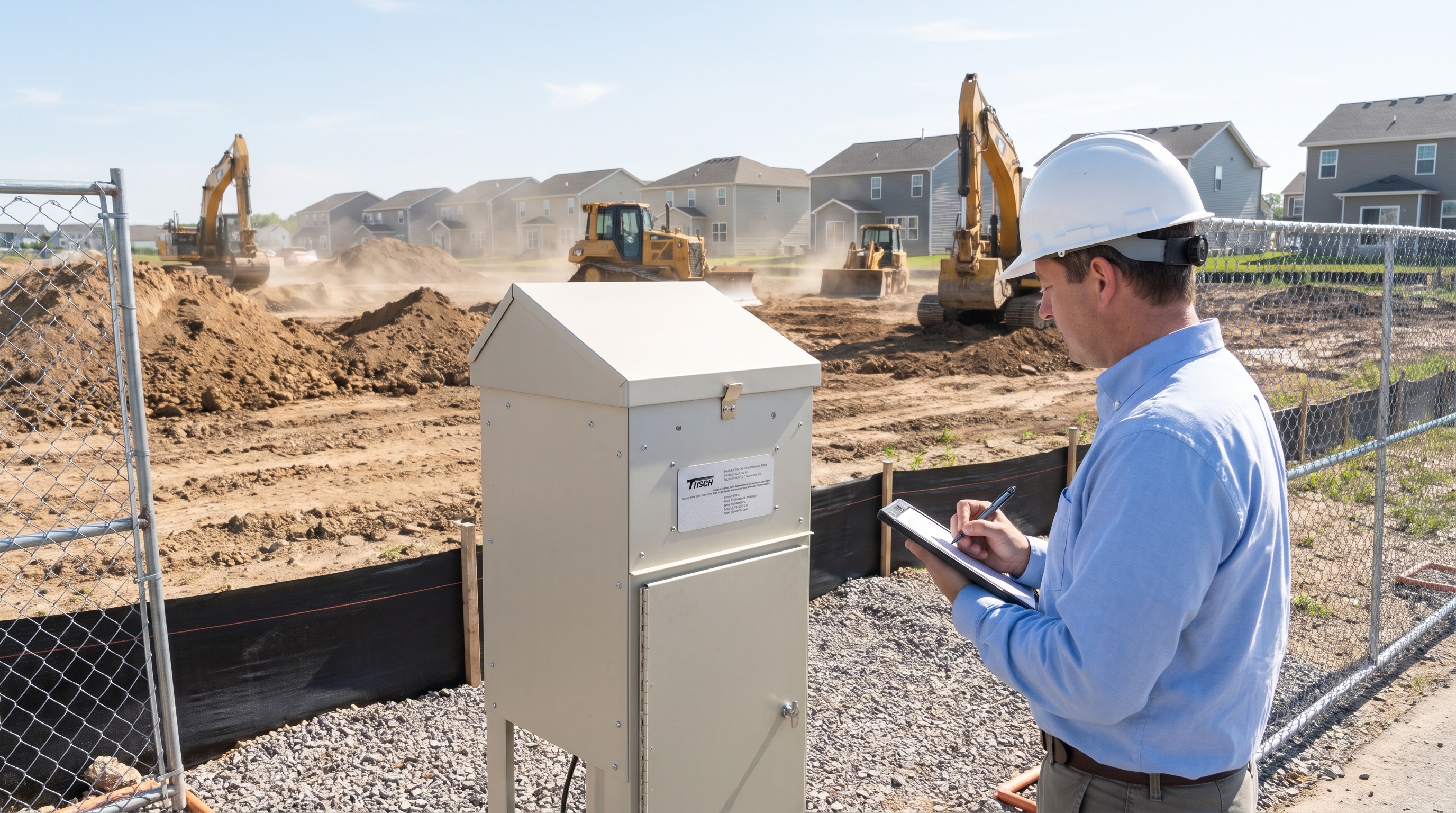 Consultant logging readings next to a Tisch high-volume air sampler at a construction fenceline