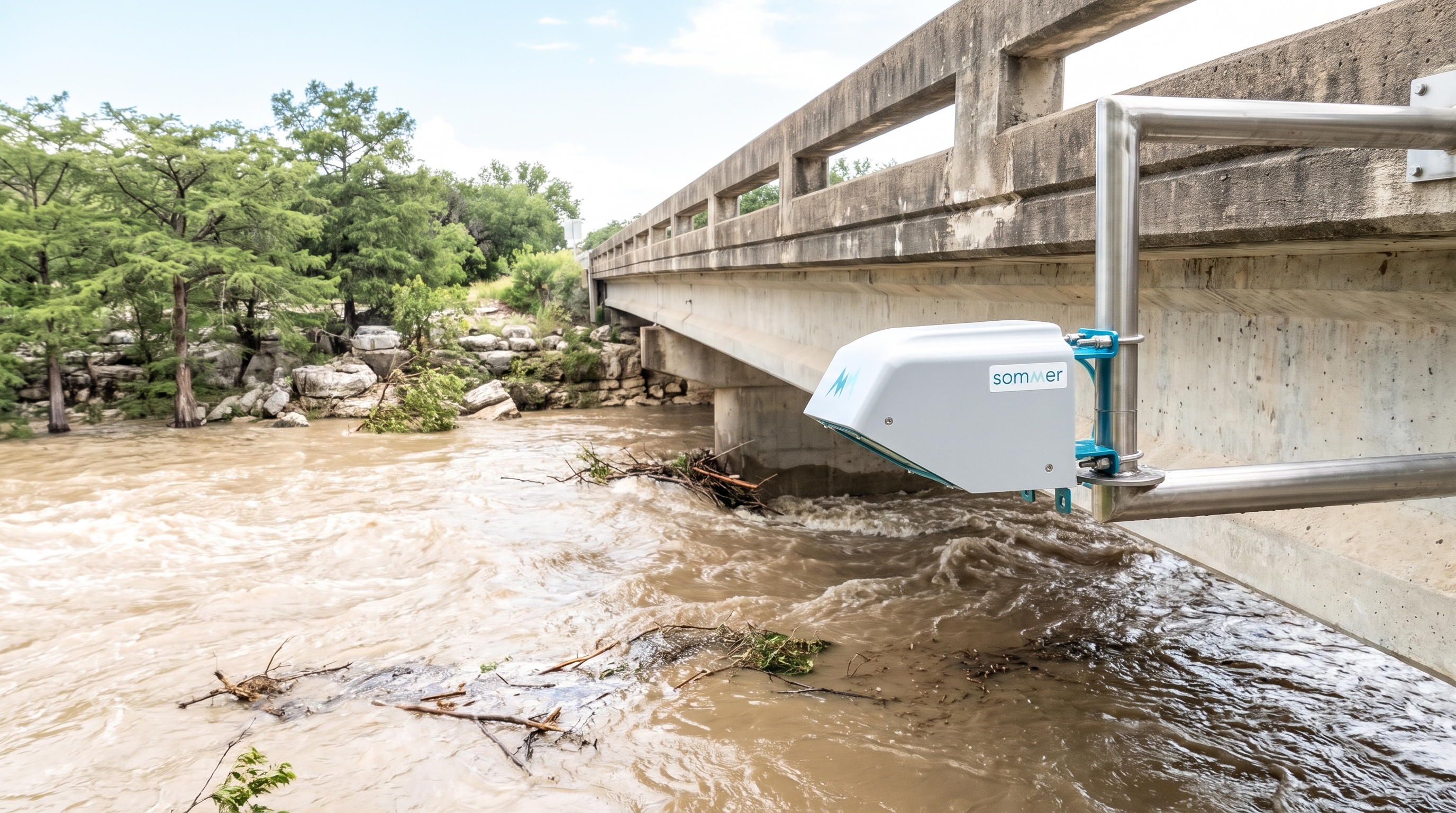 Radar flow sensor on a bridge over a flooded river