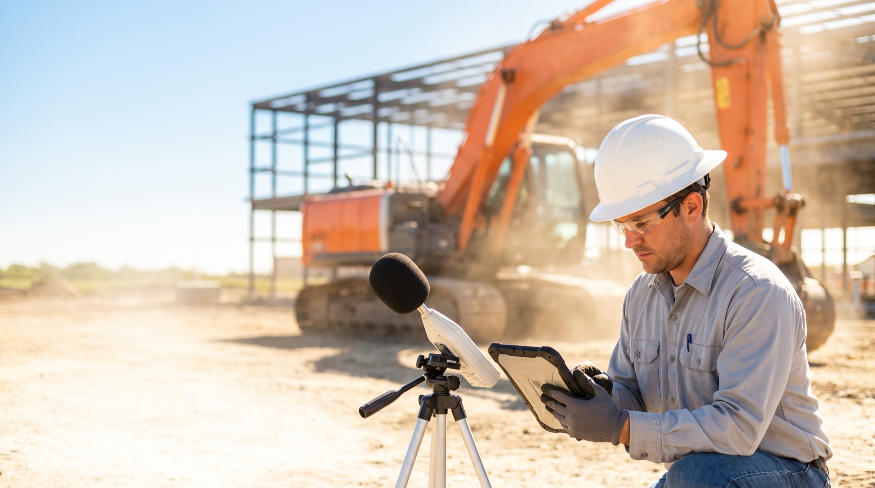 Specialist setting up a noise monitor on a job site
